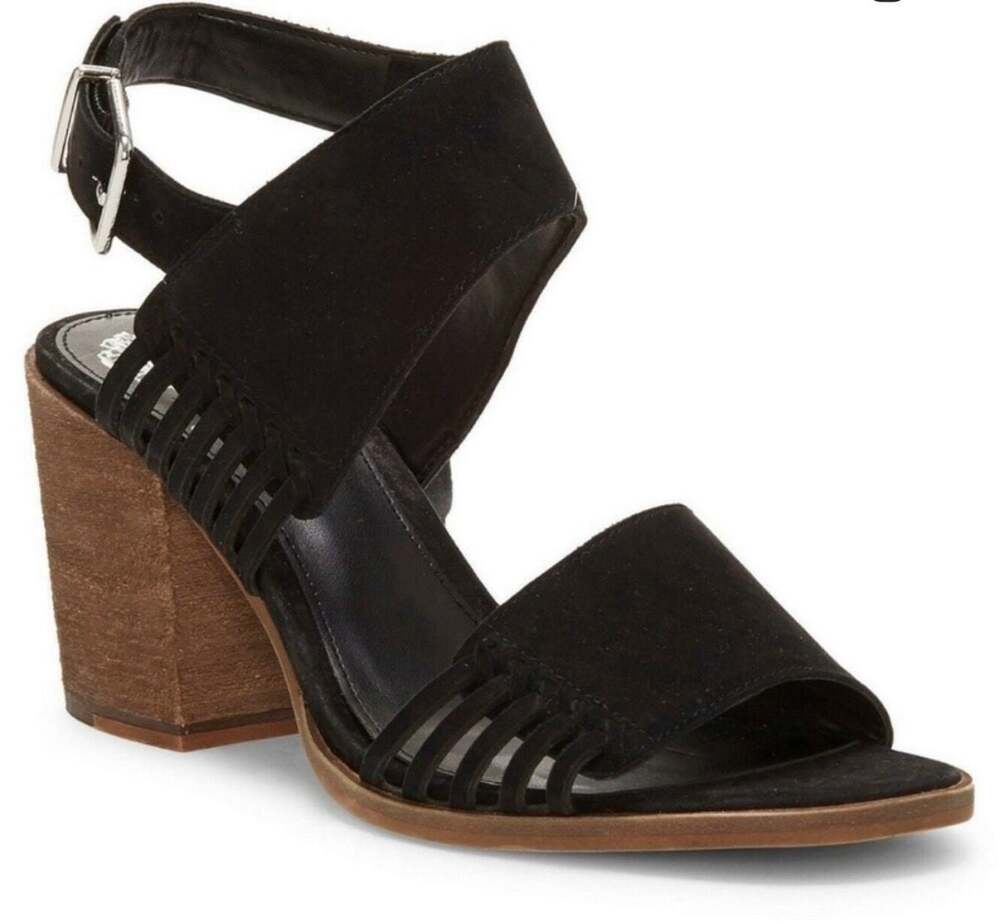 New Vince Camuto Karmelo Black Suede Block Heel Sandals Size 7.5M